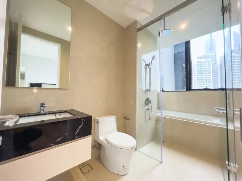 Bathroom features: single-sink vanity with black marble countertop, framed mirror, one-piece toilet, walk-in shower with glass enclosure, rain shower head, handheld shower, bathtub, tile cladding on walls, neutral-colored walls, large window with city view, recessed downlights; style: modern; view: city.