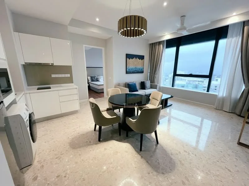 Dining features: round dining table, 4 upholstered dining chairs, white cabinetry, built-in microwave, stainless-steel fridge, washing machine, marble flooring, floor-to-ceiling windows, sheer curtains, ceiling fan with light, decorative wall art; style: modern; view: city. Living features: sofa, decorative cushions, bedroom visible in background; style: modern; view: city.