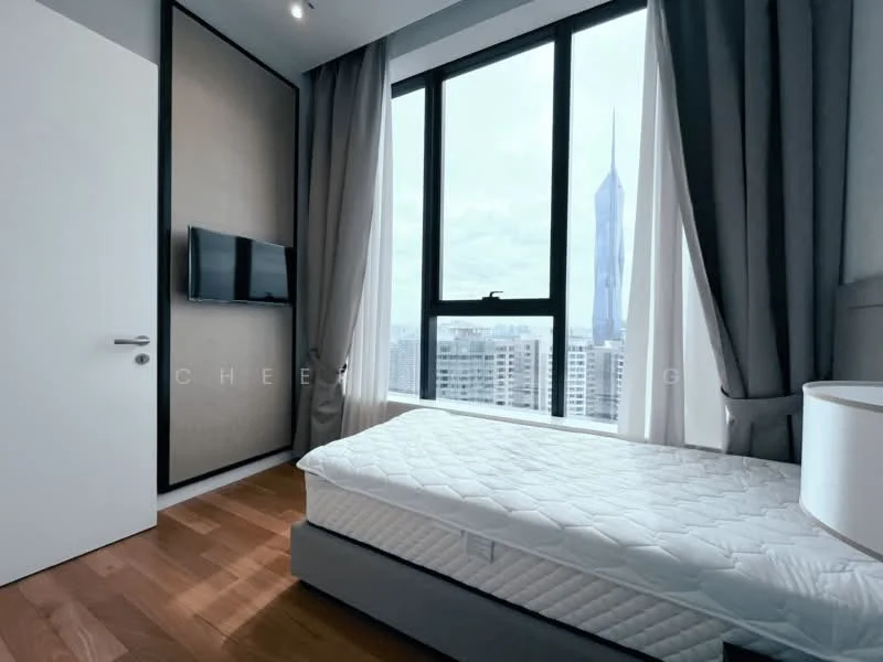 Bedroom features: floor-to-ceiling windows, city view, wooden flooring, grey curtains, white walls, wall-mounted TV, upholstered headboard, mattress on bed frame, recessed lighting, built-in wardrobe; style: modern; view: city.