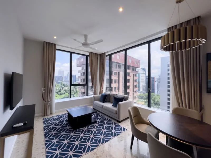 Living features: floor-to-ceiling windows, 3-blade ceiling fan, sofa in light grey fabric, coffee table in dark wood, area rug with geometric pattern, wall-mounted TV, dining table with round top, upholstered dining chairs, curtains in light beige, marble flooring, decorative wall art; style: modern; view: city.