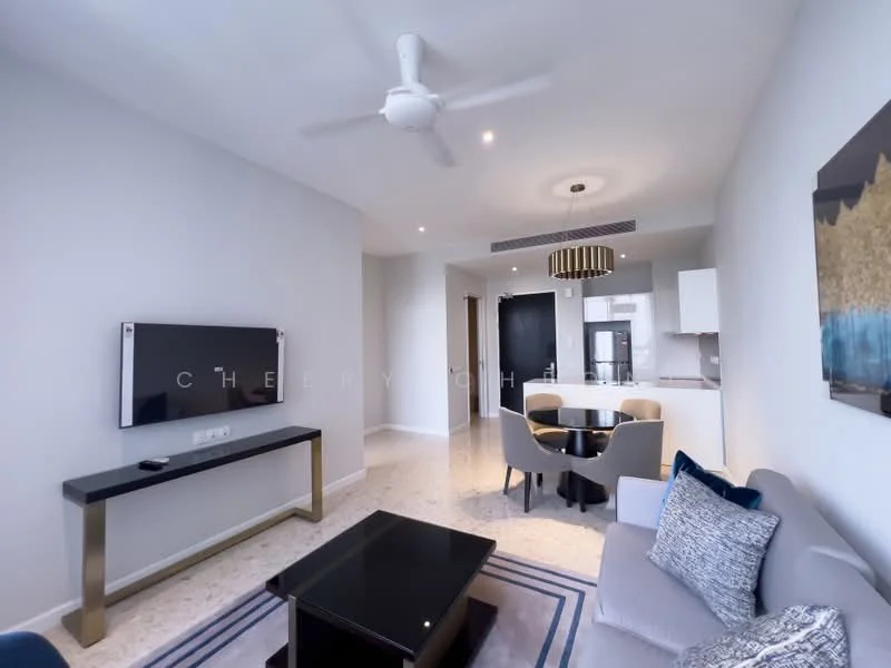 Living features: 3-seater fabric sofa in light grey, coffee table with black surface, wall-mounted TV, ceiling fan with light, decorative wall art, marble flooring, recessed lighting, open layout to kitchen and dining area; style: modern.