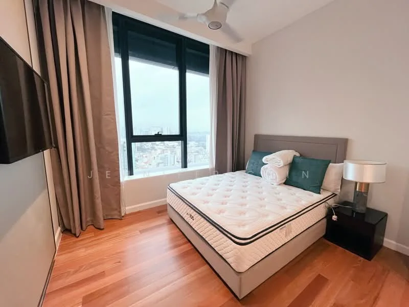 Bedroom features: queen-size bed, upholstered headboard, white bedding, 2 decorative pillows, nightstand with lamp, wall-mounted TV, floor-to-ceiling windows, curtains in beige, wooden flooring, city view; style: modern; view: city.