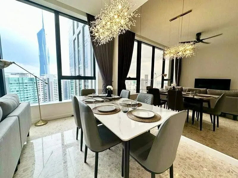 Dining features: 6-seater dining table, grey upholstered dining chairs, white tabletop, decorative placemats, chandelier lighting, floor-to-ceiling windows, city skyline view, marble flooring, recessed downlights, wall-mounted TV, sofa in grey fabric, dark curtains; style: modern; view: city.