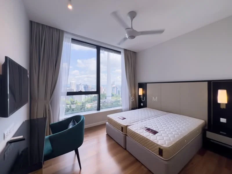 Bedroom features: floor-to-ceiling windows, city view, wooden flooring, 2 single beds, upholstered headboard, 2 bedside lamps, ceiling fan, wall-mounted TV, desk with chair, curtains, decorative wall paneling; style: modern; view: city.