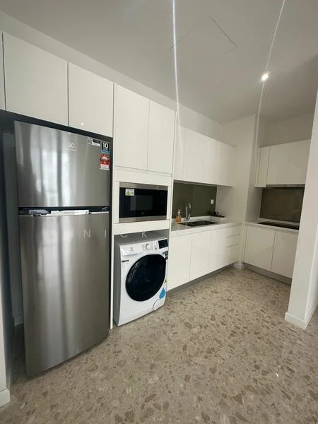 Kitchen features: stainless-steel fridge, built-in microwave, white cabinetry, black countertop, single-bowl stainless-steel sink, chrome pull-down faucet, built-in oven, washing machine, pendant lighting, polished stone flooring; style: modern.