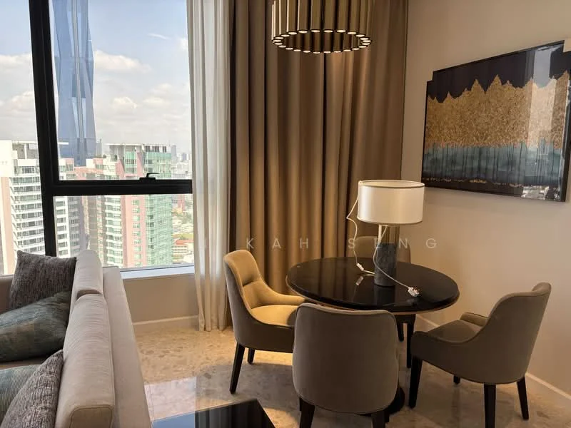 Dining features: round black dining table, 2 upholstered dining chairs in beige, 3-seater fabric sofa in light grey, floor-to-ceiling windows, curtains in light beige, pendant light fixture, decorative artwork on wall, marble flooring; style: modern; view: city.