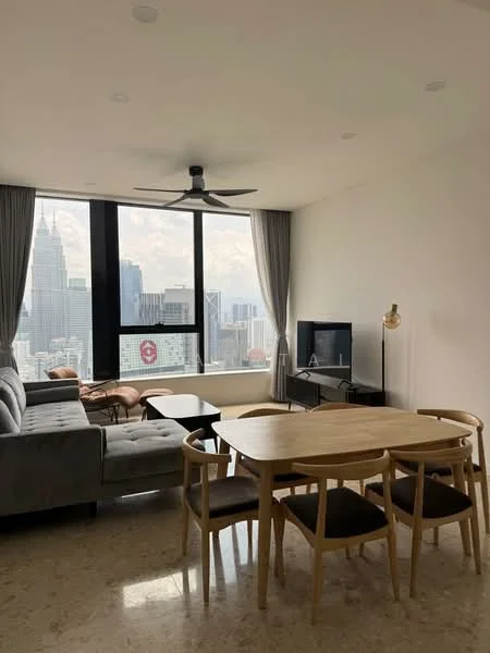 Living features: 3-seater fabric sofa in grey, coffee table, TV console, wall-mounted TV, floor-to-ceiling windows, city view, 5-blade ceiling fan, curtains, marble flooring, decorative floor lamp, dining table with 4 chairs; style: modern; view: city.