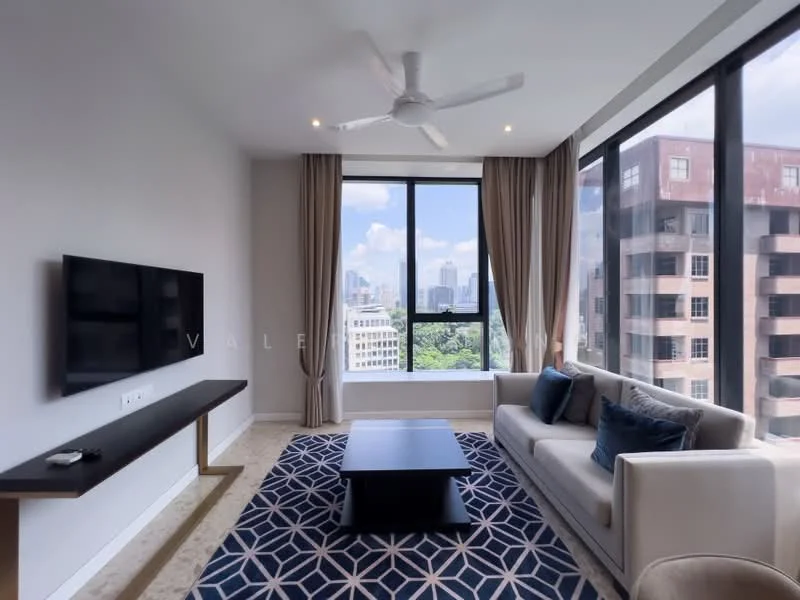 Living features: floor-to-ceiling windows, 3-blade ceiling fan, wall-mounted TV, TV console, beige fabric sofa, coffee table, area rug with geometric pattern, curtains, marble flooring, decorative cushions; style: modern; view: city.
