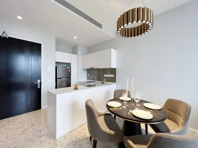Dining features: round dining table, 4 upholstered dining chairs in grey, white dinner plates, wine glasses, cutlery, chandelier with circular design, pendant light, light grey walls, marble flooring, kitchen island with white cabinetry, stainless-steel fridge, built-in kitchen cabinetry, glass backsplash; style: modern.