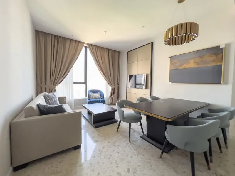 Living features: cream painted walls, marble flooring, floor-to-ceiling windows, sheer curtains, chandelier, 3-seater fabric sofa in beige, coffee table, wall-mounted TV, dining table with 6 chairs, decorative artwork, area rug; style: modern; view: city.