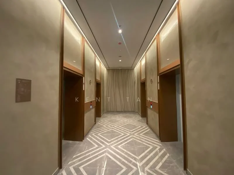 Room features: elevators, marble flooring with geometric pattern, cream painted walls, wood paneling, recessed lighting, decorative wall sconces, textured wall treatment, curtains, signage, door frames with wood finish; style: modern.