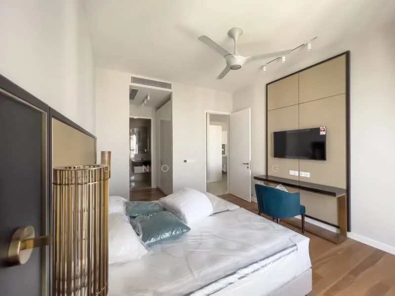 Bedroom features: queen-size bed with white bedding, upholstered headboard, wooden flooring, 5-blade ceiling fan, wall-mounted TV, decorative wall paneling, built-in wardrobe, study desk, blue accent chair, recessed lighting; style: modern.