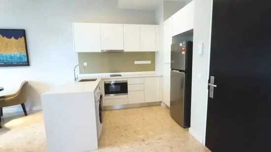 Kitchen features: white cabinetry, stainless-steel refrigerator, built-in oven, ceramic cooktop, white countertop, green backsplash, single-bowl stainless-steel sink, chrome pull-down faucet, pendant lighting, tile flooring, open layout, wall-mounted microwave; style: modern.
