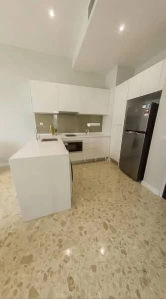 Kitchen features: white cabinetry, marble countertop, stainless-steel sink, chrome pull-down faucet, built-in oven, freestanding range oven, microwave, stainless-steel fridge, ceramic tile flooring, recessed downlights, open shelving, window with natural light; style: modern.