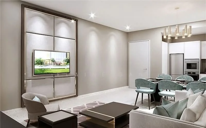 Living features: light grey painted walls, recessed downlights, chandelier with multiple bulbs, wall-mounted TV, TV console with storage, coffee table with dark surface, 3-seater fabric sofa in light grey, 2 upholstered dining chairs in teal, open-plan layout to kitchen, marble flooring; style: modern.
