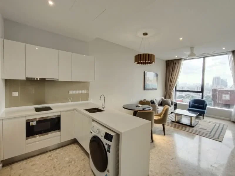 Kitchen features: white cabinetry, marble countertop, built-in oven, stainless-steel cooktop, stainless-steel sink, chrome pull-down faucet, washer-dryer combo, recessed downlights, pendant light, open-plan layout, floor-to-ceiling windows, city view; style: modern; view: city. Living features: 3-seater fabric sofa in blue, round dining table, upholstered dining chairs, area rug, wall-mounted artwork, curtains, ceiling fan; style: modern; view: city.