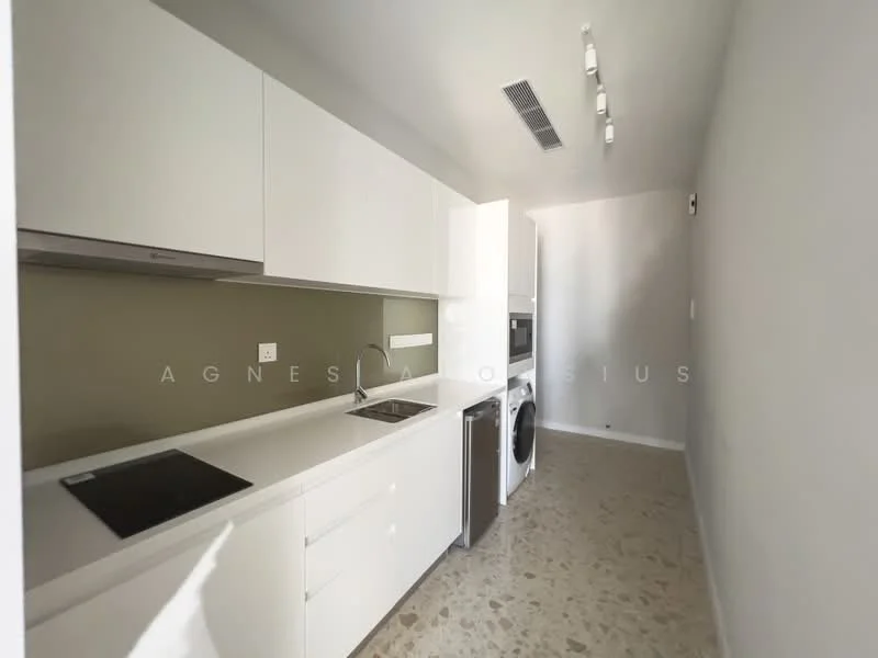 Kitchen features: white cabinetry, stainless-steel sink, chrome pull-down faucet, built-in oven, freestanding range oven, microwave, front-load washing machine, ceramic tile flooring, recessed LED downlights, grey accent wall, countertop with integrated cooktop, open shelving; style: modern.