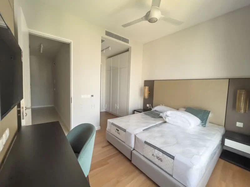 Bedroom features: king-size bed, upholstered headboard, 2 bedside lamps, built-in wardrobe, wooden flooring, ceiling fan, desk with chair, wall-mounted TV, neutral wall color, large window, decorative wall sconce; style: modern. Room features: white painted walls, doorway leading to hallway.
