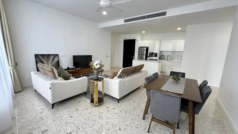 Living features: 2-seater fabric sofa in white, 3-seater fabric sofa in beige, wooden coffee table, wall-mounted TV, TV console, area rug with geometric pattern, ceiling fan, large windows with sheer curtains, marble flooring, decorative wall art; style: modern; view: city. Dining features: 6-seater dining table, upholstered dining chairs in grey, decorative centerpiece, open layout to kitchen, marble flooring; style: modern.
