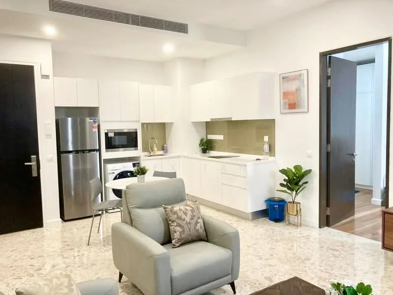 Kitchen features: white cabinetry, stainless-steel fridge, built-in microwave, freestanding range oven, single-bowl stainless-steel sink, chrome pull-down faucet, white quartz countertop, tile backsplash, open shelving, recessed downlights, marble tile flooring; style: modern. Living features: 3-seater fabric sofa in light grey, decorative throw pillows, coffee table, area rug, wall-mounted artwork, potted plants; style: modern.