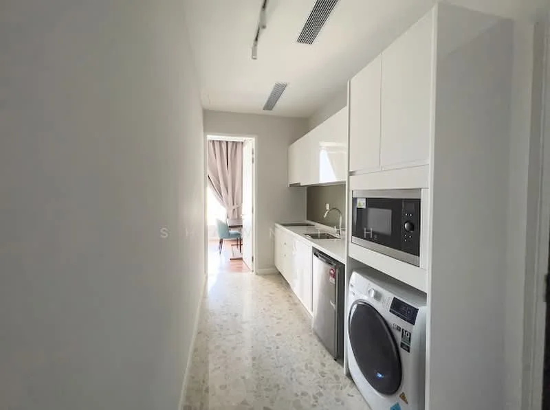 Kitchen features: white cabinetry, grey backsplash, single-bowl stainless-steel sink, chrome pull-down faucet, built-in microwave, freestanding washing machine, countertop space, recessed ceiling lights, marble tile flooring; style: modern.