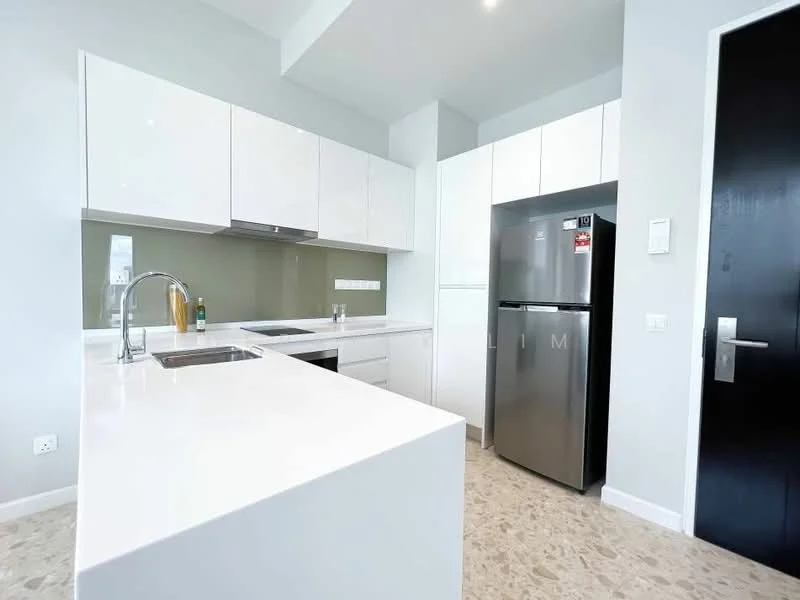 Kitchen features: white glossy cabinetry, marble countertop, single-bowl stainless-steel sink, chrome pull-down faucet, built-in electric cooktop, built-in oven, stainless-steel fridge, white backsplash, pendant lighting, open shelving, tile flooring, neutral wall color; style: modern.