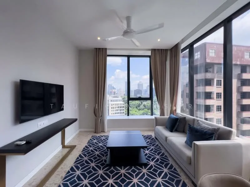 Living features: floor-to-ceiling windows, 3-seater fabric sofa in light grey, coffee table, TV console, wall-mounted TV, area rug with geometric pattern, ceiling fan, curtains, light-colored walls, marble flooring; style: modern; view: city.