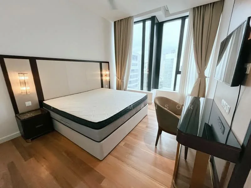 Bedroom features: queen-size bed frame without mattress, wooden flooring, floor-to-ceiling windows, curtains, wall-mounted TV, nightstand with lamp, upholstered accent chair, desk with mirror; style: modern; view: city.