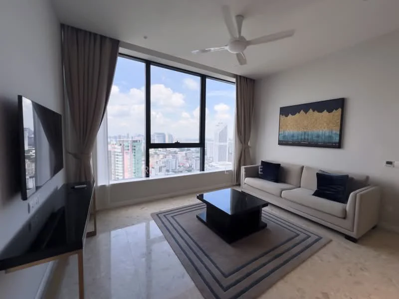 Living features: floor-to-ceiling windows, 3-blade ceiling fan, sofa in light beige, coffee table in black, TV console, marble flooring, decorative artwork on wall, curtains in light beige; style: modern; view: city.