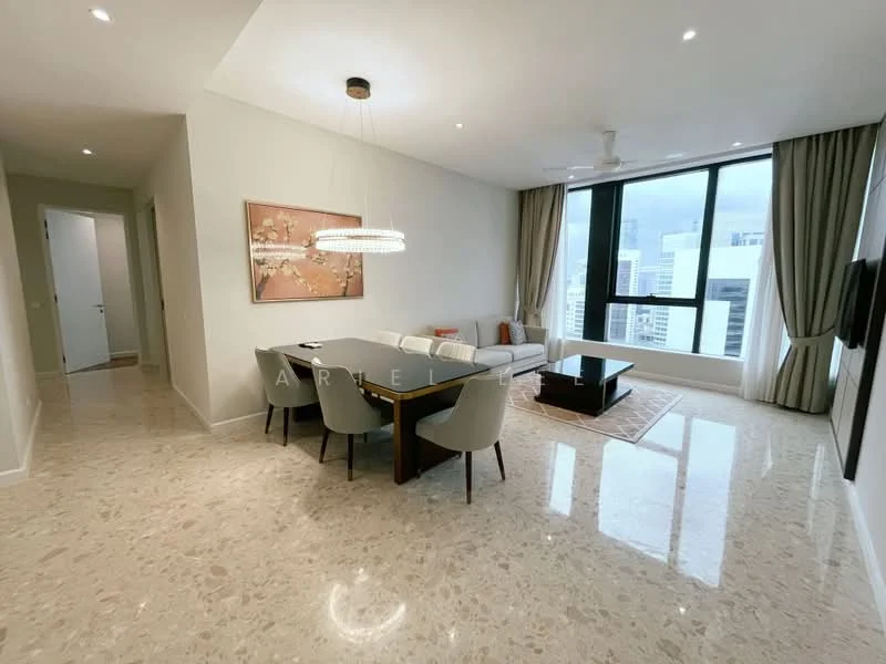 Living features: marble flooring, floor-to-ceiling windows, grey fabric sofa, glass coffee table, 6-seater dining table, upholstered dining chairs, chandelier, recessed downlights, decorative artwork, curtains, TV mounted on wall, area rug; style: modern; view: city. Room features: white painted walls, ceiling fan.