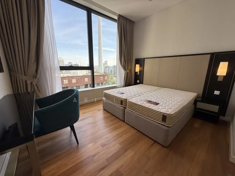 Bedroom features: queen-size bed, upholstered headboard, wooden flooring, floor-to-ceiling windows, sheer curtains, wall-mounted bedside lamps, study desk, chair, decorative wall panel, city view; style: modern; view: city.