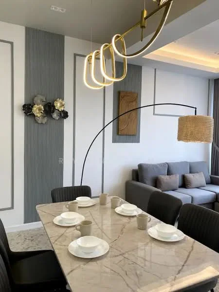 Dining features: marble dining table, 6 dining chairs, pendant light fixture, decorative wall art, textured wall panels, neutral color scheme, area rug, floor-to-ceiling windows, sofa in adjacent living area; style: modern.