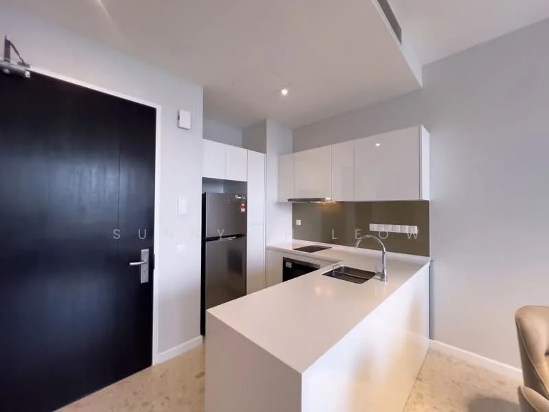 Kitchen features: white cabinetry, stainless-steel fridge, built-in oven, ceramic cooktop, single-bowl stainless-steel sink, chrome pull-down faucet, white quartz countertop, grey backsplash, recessed downlights, open layout, tile flooring; style: modern.