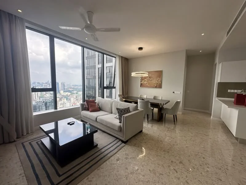 Living features: 3-seater fabric sofa in light grey, coffee table with black surface, area rug with geometric pattern, floor-to-ceiling windows, city skyline view, ceiling fan with light, wall-mounted artwork, dining table for 6 with upholstered chairs, marble flooring, curtains in light fabric; style: modern; view: city.