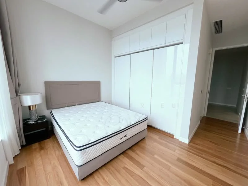 Bedroom features: queen-size bed, upholstered headboard, built-in wardrobe with sliding doors, wooden flooring, floor-to-ceiling windows, sheer curtains, ceiling fan, nightstand, decorative wall, neutral wall color; style: modern.