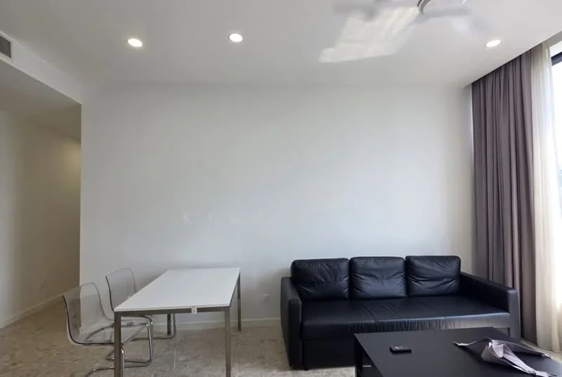 Living features: black leather sofa, glass coffee table, white painted walls, recessed downlights, ceiling fan, floor-to-ceiling windows with sheer curtains, light-colored flooring, dining table with clear acrylic chairs; style: modern.