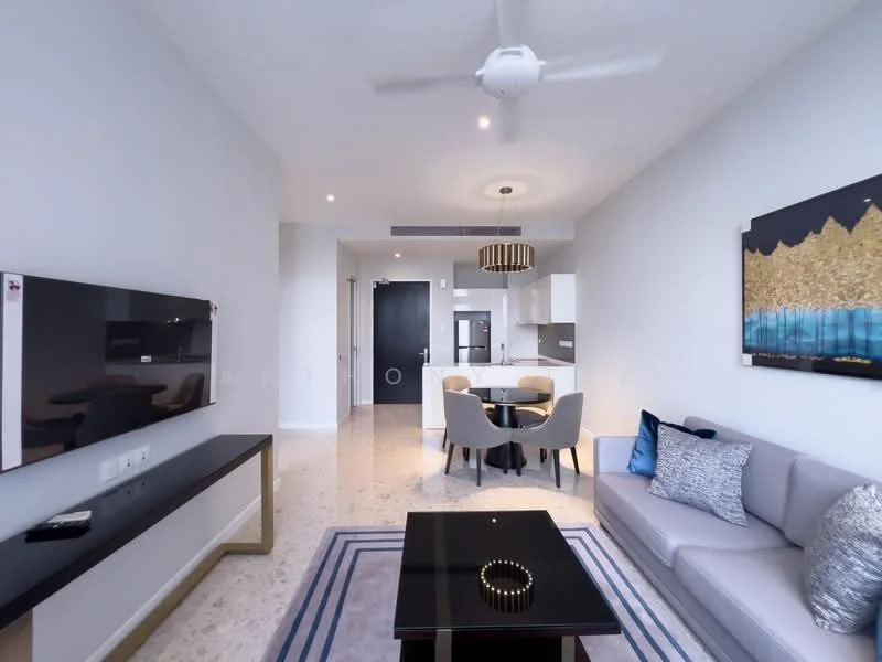 Living features: light grey fabric sofa, black coffee table, area rug with geometric pattern, wall-mounted TV, ceiling fan with light, recessed downlights, decorative wall art, dining table for four, white walls, marble flooring; style: modern. Kitchen features: white cabinetry, stainless-steel appliances, open-plan layout, countertop with bar seating; style: modern.