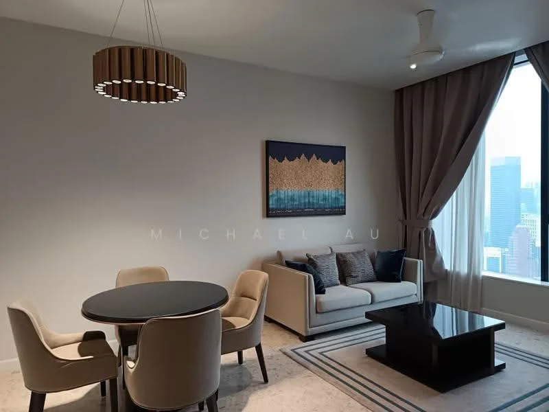 Living features: 3-seater fabric sofa in beige, coffee table in black, round dining table in black, 4 upholstered dining chairs, floor-to-ceiling windows, city skyline view, chandelier with wooden accents, decorative wall art, curtains in light brown, area rug with geometric pattern; style: modern; view: city.
