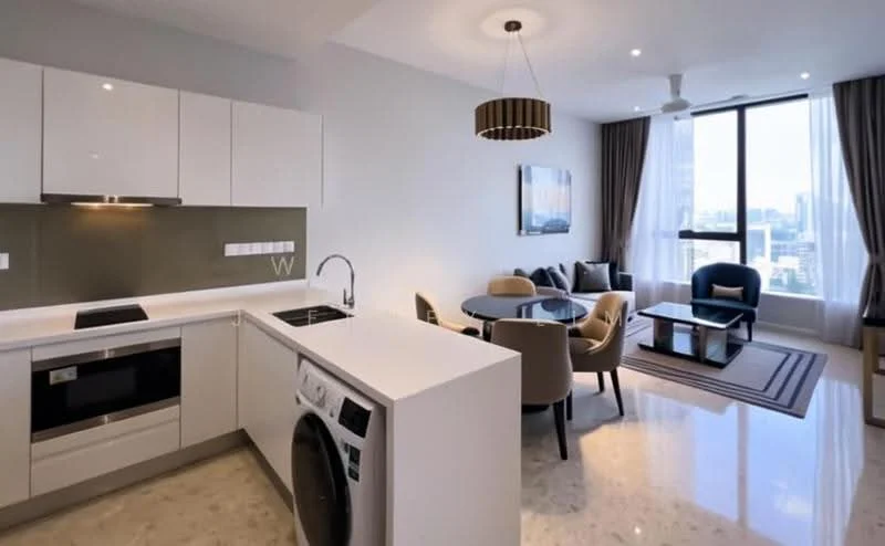 Kitchen features: white cabinetry, grey backsplash, stainless-steel sink, chrome pull-down faucet, built-in oven, ceramic cooktop, integrated dishwasher, washer-dryer combo, marble countertop, recessed downlights; style: modern. Living features: floor-to-ceiling windows, city skyline view, 3-seater fabric sofa in navy, round dining table for 4, upholstered dining chairs, area rug with geometric pattern, pendant light fixture, ceiling fan, wall-mounted artwork, curtains; style: modern; view: city.
