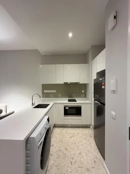 Kitchen features: white cabinetry, stainless-steel sink, chrome pull-down faucet, built-in oven, freestanding range oven, black refrigerator, white washing machine, grey backsplash, marble tile flooring, recessed downlights, countertop with overhang, wall-mounted air conditioning unit; style: modern.