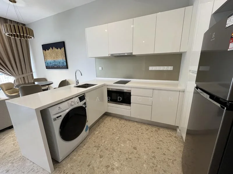 Kitchen features: white cabinetry, black countertop, built-in microwave, stainless-steel fridge, front-load washing machine, single-bowl stainless-steel sink, chrome pull-down faucet, ceramic tile flooring, recessed downlights, wall-mounted cabinets, open shelving; style: modern.