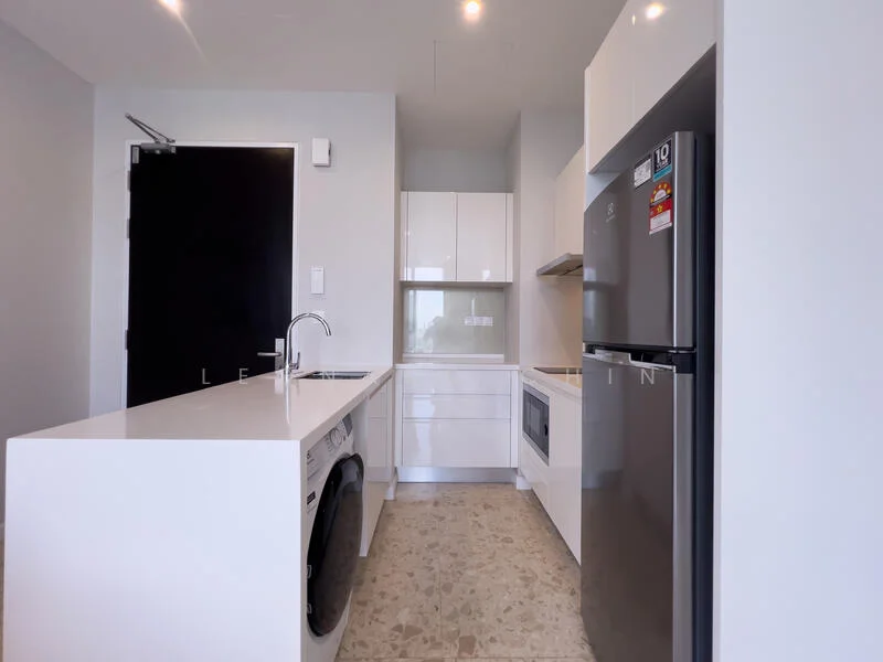 Kitchen features: white cabinetry, marble countertop, stainless-steel fridge, built-in microwave, freestanding washing machine, ceramic tile flooring, recessed downlights, single-bowl stainless-steel sink, chrome pull-down faucet, open shelving, modern design; style: modern.