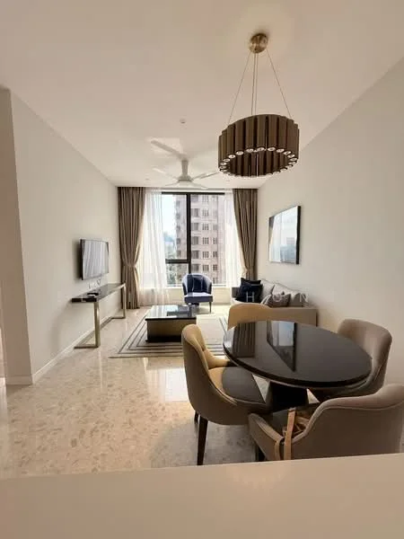 Living features: marble flooring, floor-to-ceiling windows, chandelier, 5-blade ceiling fan, sofa in beige, coffee table, TV console, wall-mounted TV, area rug with geometric pattern, decorative artwork, curtains, two accent chairs in blue, side table; style: modern; view: city. Dining features: round dining table with black top, upholstered dining chairs in beige; style: modern.