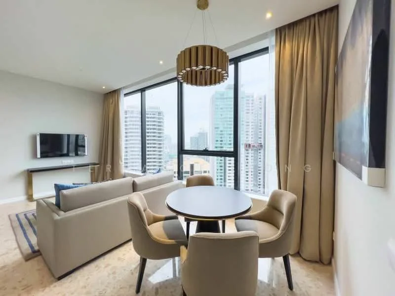 Living features: floor-to-ceiling windows, beige fabric sofa, round dining table, upholstered dining chairs, wall-mounted TV, light fixture with vertical slats, curtains, marble flooring; style: modern; view: city.