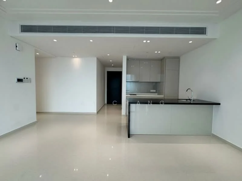 Kitchen features: white painted walls, polished tile flooring, flat-panel grey cabinets, black countertop, single-bowl stainless-steel sink, chrome pull-down faucet, built-in oven, freestanding range oven, recessed downlights, open layout to living area, island with seating, floor-to-ceiling windows, air conditioning vent; style: modern. Living features: white painted walls, polished tile flooring, recessed downlights, open layout to kitchen, floor-to-ceiling windows, air conditioning vent; style: modern.