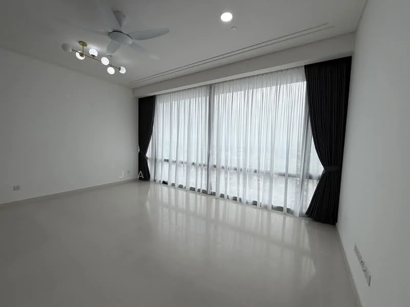 Living features: white painted walls, polished tile flooring, 5-blade ceiling fan with light, floor-to-ceiling windows, sheer curtains, blackout curtains; style: modern; view: city.