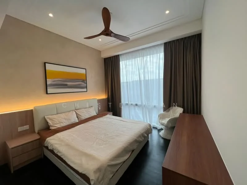 Bedroom features: king-size bed with beige bedding, upholstered headboard, wooden bedside tables, wall-mounted artwork with abstract design, floor-to-ceiling windows with sheer curtains, dark wood flooring, ceiling fan with wooden blades, built-in wardrobe, decorative wall lighting, neutral painted walls; style: modern; view: city.