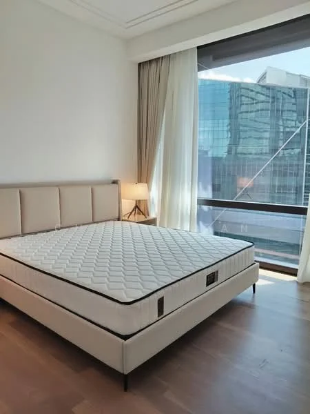 Bedroom features: king-size bed, upholstered headboard, floor-to-ceiling windows, curtains, wooden flooring, table lamp, city view; style: modern; view: city.