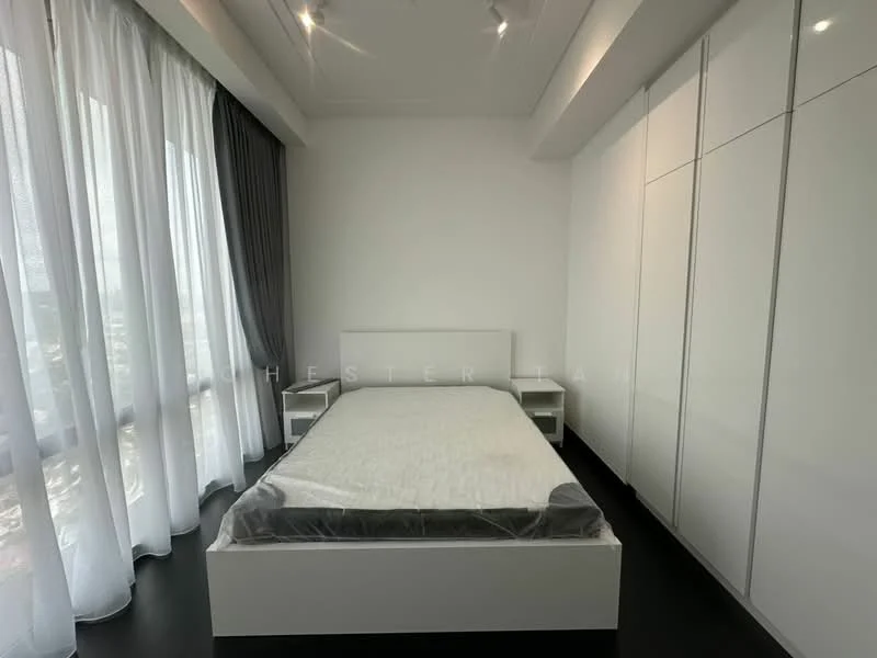 Bedroom features: white walls, dark wood flooring, floor-to-ceiling windows, sheer curtains, blackout curtains, queen-size bed frame without mattress, built-in wardrobe with white finish, two white bedside tables, recessed downlights, tray ceiling; style: modern; view: city.