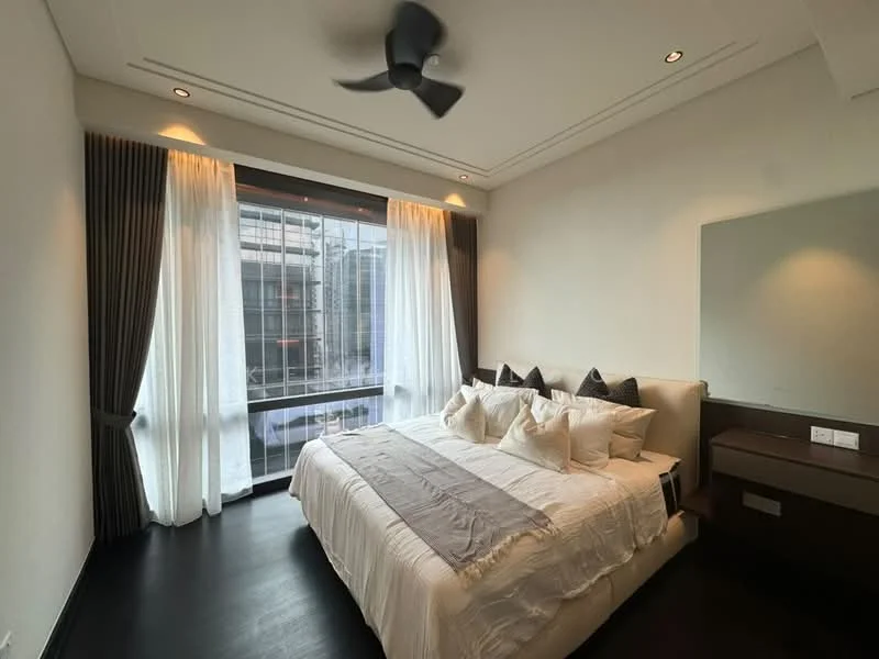 Bedroom features: king-size bed with upholstered headboard, white bedding with decorative pillows, floor-to-ceiling windows, sheer curtains, dark wood flooring, 5-blade ceiling fan, wall-mounted mirror, nightstands with lamps, built-in wardrobe; style: modern; view: city.